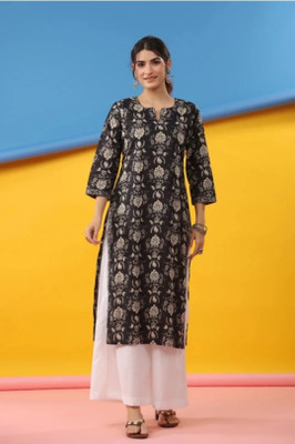 FABZARI Women Printed Straight Kurta(Black)