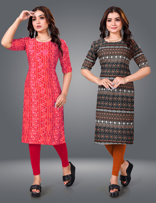 MOBHISA Women Printed Straight Kurta(Orange)