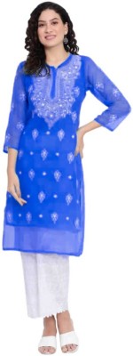 Handworkchikan Women Chikan Embroidery A-line Kurta(Blue)