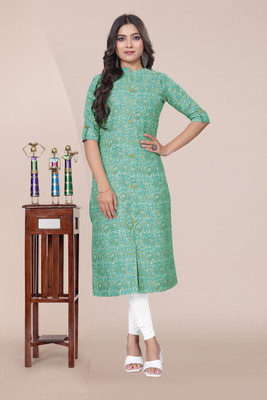 SIMPLYETHNIC Women Printed Straight Kurta(Light Green, Multicolor)