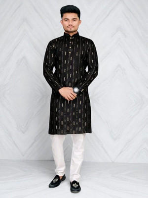 BISWAS Men Printed Straight Kurta(Black)