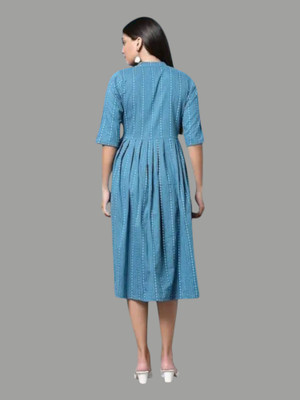 Houseofcommonv Women Striped Flared Kurta(Blue)