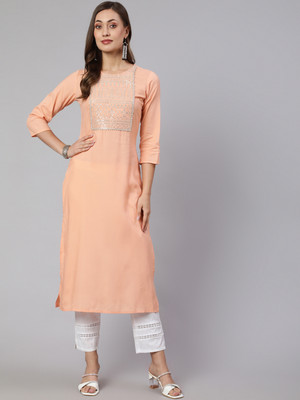 Nayo Women Printed Straight Kurta(Orange)