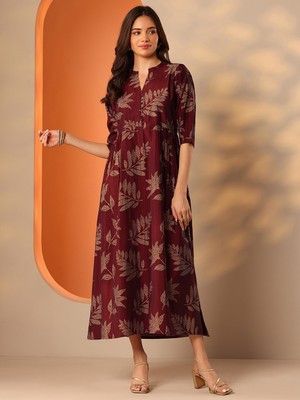 LIBAS Women Floral Print Flared Kurta(Maroon)