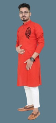 Mamata biswas Men Printed Straight Kurta(Red)