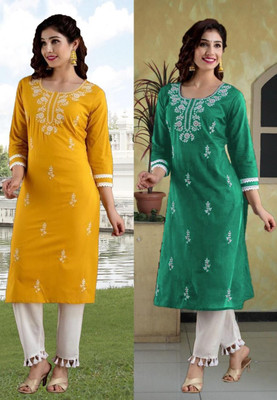 vikshi Women Chikan Embroidery Straight Kurta(Multicolor)