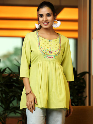 LIBAS Women Embroidered A-line Kurta(Green)