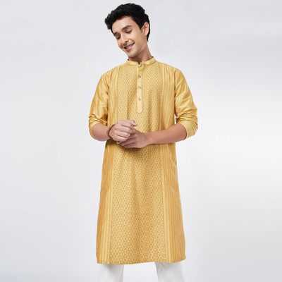 Indus Route by Pantaloons Men Solid A-line Kurta(Brown)