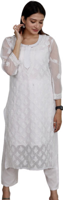 INDICRAFT Women Chikan Embroidery Straight Kurta(White)