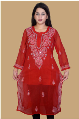 Hahatcloset Women Embroidered, Animal Print A-line Kurta(Red)