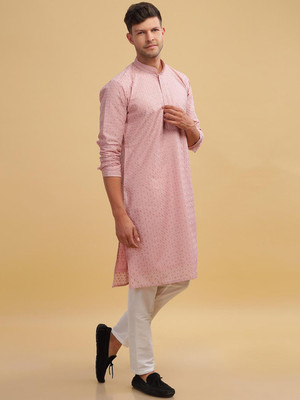 Metro Traders Men Abstract Straight Kurta(Pink)