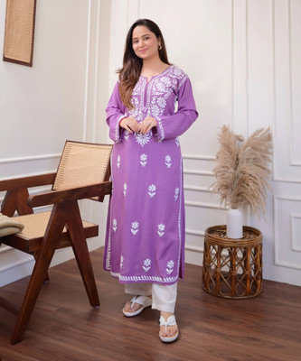 Amudee Fashion Women Chikan Embroidery Straight Kurta(Purple)