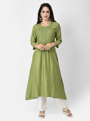Span Women Self Design A-line Kurta(Light Green)