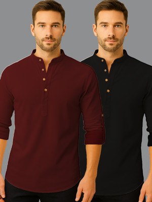 Navkanj Men Solid Straight Kurta(Maroon, Black)
