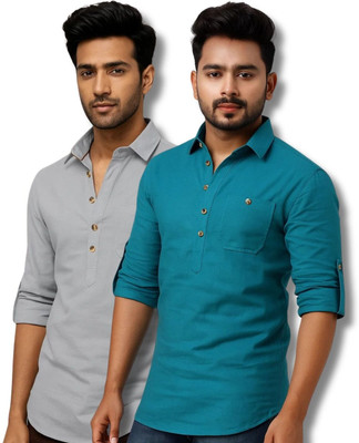 VIMASUTI Men Solid Straight Kurta(Grey, Blue)