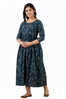 Mahala Ji Women Floral Print, Printed Flared Kurta(Blue)