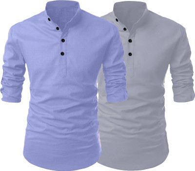 Fashion Marts Men Solid Straight Kurta(Blue, Grey)