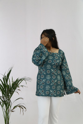 aanzri Women Printed A-line Kurta(Green)