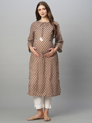 MomToBe Women Floral Print Anarkali Kurta(Brown)