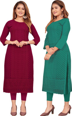 KAYRAAH Women Chikan Embroidery Straight Kurta(Green, Maroon)