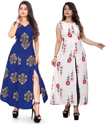 Hiral Creation Women Floral Print Frontslit Kurta(Blue)