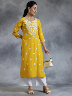 BEAUTYBEATS Women Embroidered Straight Kurta(Yellow)