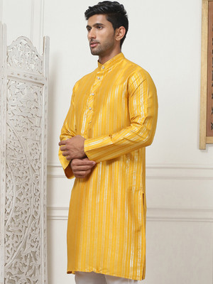 ANOUK Men Striped Straight Kurta(Yellow)