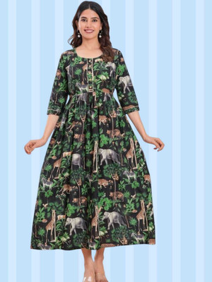 HOUSE OFF COMMON Women Printed Anarkali Kurta(Green)