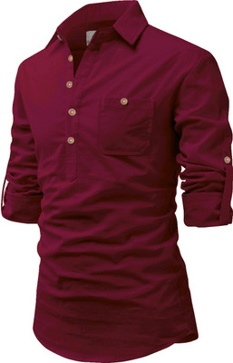 HouseOfCommon Men Solid Pathani Kurta(Maroon)