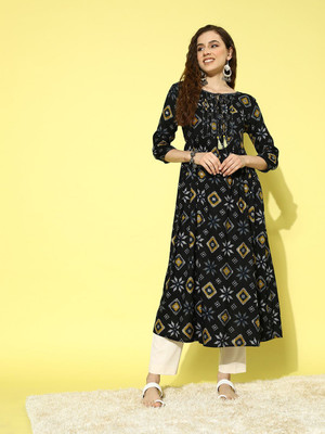 all about you Women Printed Anarkali Kurta(Black)