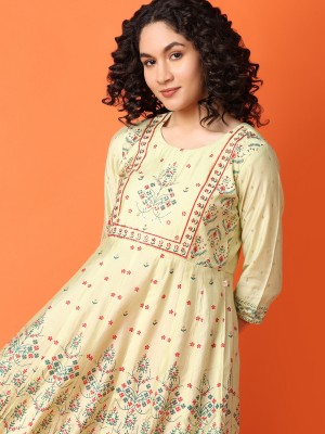 V-MART Women Printed A-line Kurta(Yellow)