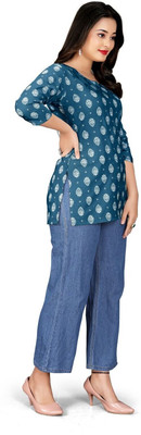 HouseOfCommon Women Printed Straight Kurta(Blue)