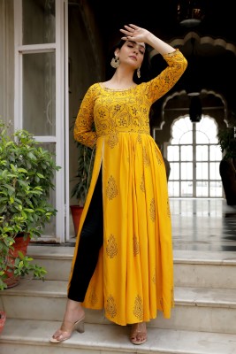 INDI INSIDE Women Printed Anarkali Kurta(Yellow, Black)