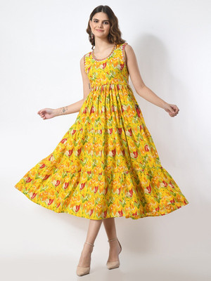 The Loomcraft Women Printed Flared Kurta(Yellow)