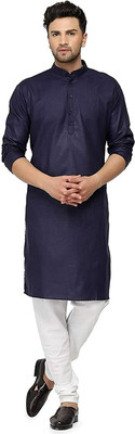HOC's Men Self Design Straight Kurta(Dark Blue)