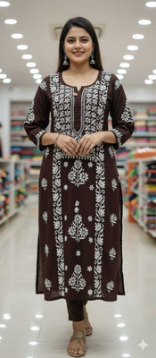 LUCKNOWI CHIKAN CRAFT Women Floral Print, Chikan Embroidery, Embroidered Straight Kurta(Pink, White)
