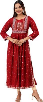 ASHRU Women Printed Frontslit Kurta(Maroon)
