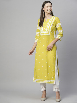 Anni Designer Women Embroidered Straight Kurta(Yellow)
