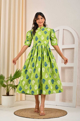 NEEYAMI Women Printed A-line Kurta(Green)