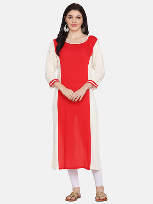 Fourleaf Women Solid Straight Kurta(Red, White)