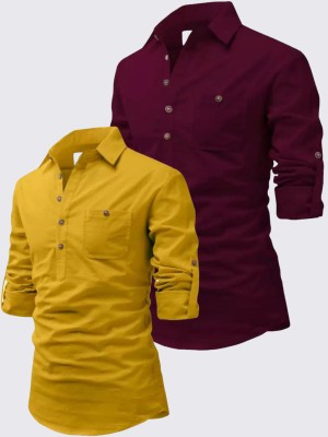 Springberry Men Solid Straight Kurta(Yellow, Maroon)