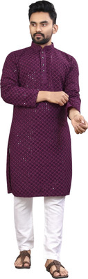 Dream Clouds Men Embroidered Straight Kurta(Purple)