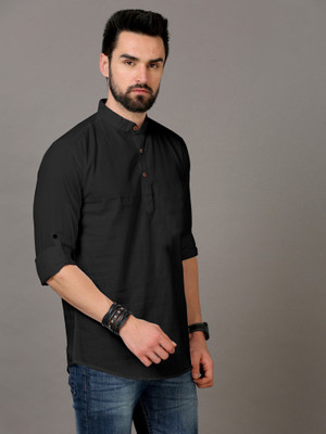 ART CURTAIN Men Solid Straight Kurta(Black)