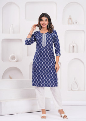 HARITWAL Women Printed Straight Kurta(Dark Blue)