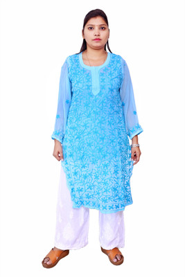 Ah creation Women Chikan Embroidery Ethnic Dress Kurta(Blue)
