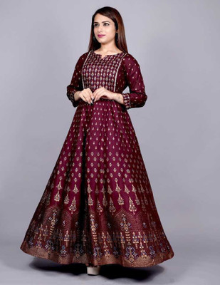 Ethniva Women Woven Design Gown Kurta(Maroon)