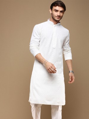 Sanwara Men Embroidered Straight Kurta(White)