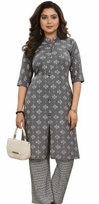 IQRAFAB Women Printed Straight Kurta(Grey)
