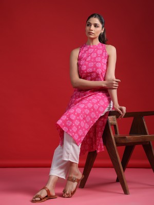 Indo Era Women Printed Straight Kurta(Pink)