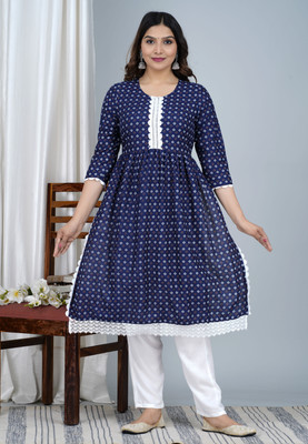 Lihimisu Women Geometric Print A-line Kurta(Dark Blue, White, Brown)